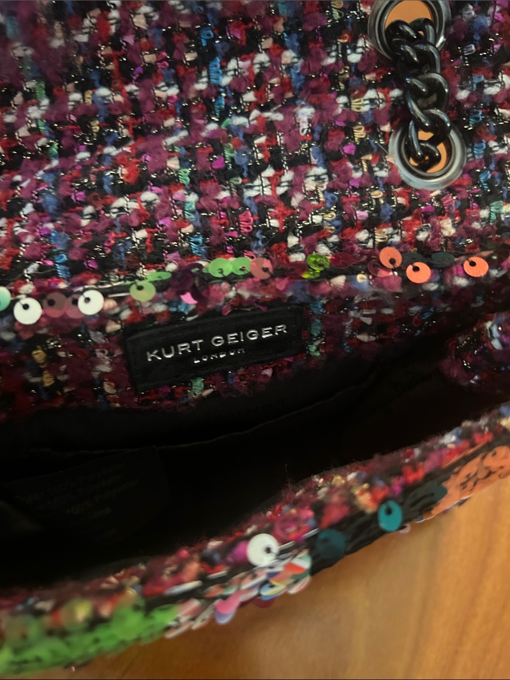 Kurt Geiger Multicolor Tweed & Sequin Crossbody with Neon Yellow Accent - Picture 4 of 5